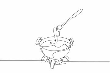 Continuous one line drawing pan heated over fire, inside the pan is melted cheese. Keeps the pot warm. True friend in winter. National Cheese Fondue Day. Single line draw design vector illustration