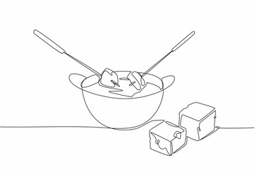 Single continuous line drawing pan containing liquid cheese. Long fork is a tool to help eat food. Stay warm when the weather gets cold. National Cheese Fondue Day. One line design vector illustration