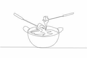 Continuous one line drawing food dipped in cheese liquid in a pan. Swiss specialties when winter comes. Warming the atmosphere. National Cheese Fondue Day. Single line draw design vector illustration