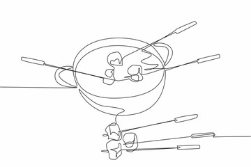 Single one line drawing pan containing liquid cheese. Bread slices dipped in warm cheese. Unique but still delicious way to eat. National Cheese Fondue Day. Continuous line design graphic illustration