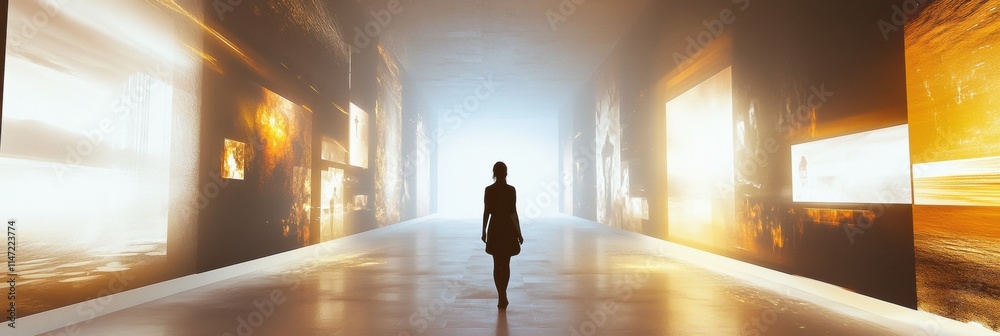 Leinwandbilder A visitor walks through a futuristic digital gallery showcasing vibrant virtual artworks and unique avatars, creating an immersive atmosphere. Generative AI