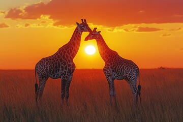 Fototapeta premium Two giraffes stand in the savanna grass, silhouetted against the breathtaking sunset backdrop.