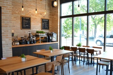 Fototapeta premium A modern caf? interior featuring wooden tables, plants, and large windows for natural light.
