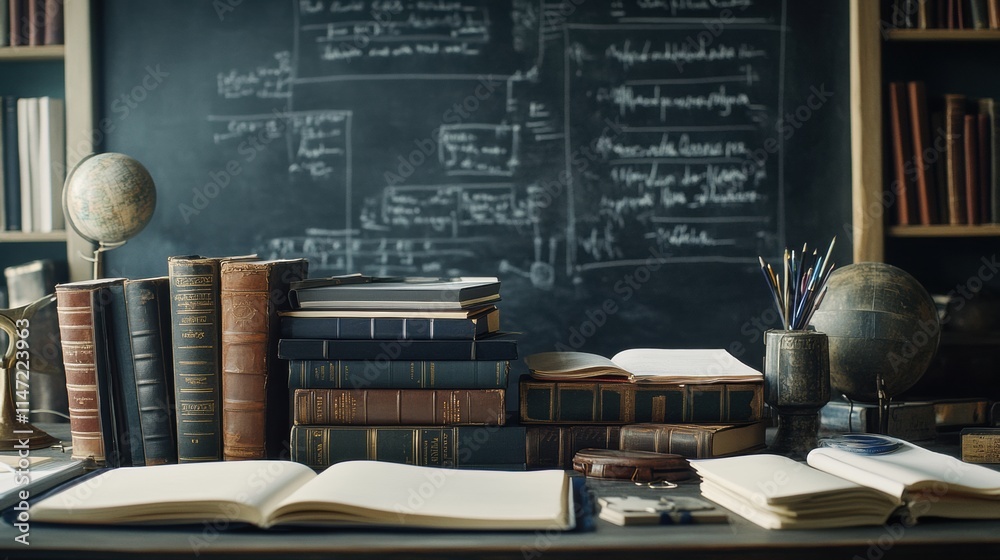 Poster desk filled with books, notebooks, and stationery surrounded by a scholarly atmosphere in a study sp