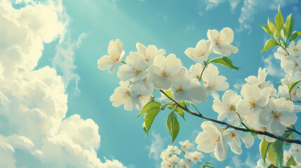 A white pear branch stretches towards the heavens as if reaching for the clouds like a gentle whisper against a blue sky, serene landscape, cloud, flowers. Whisper. Illustration