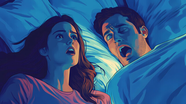 A woman looks concerned while a man snores loudly in bed, illustrating sleep disturbance. Whisper. Illustration