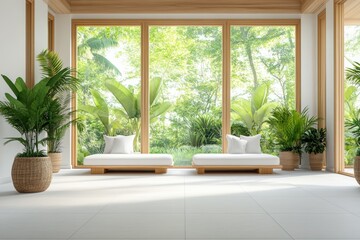 Fototapeta premium A serene indoor space with benches and lush greenery visible through large windows.