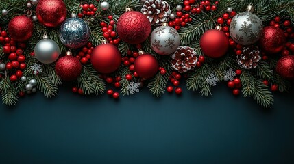 Fototapeta premium Festive Christmas Ornament Border With Berries And Pine