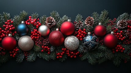 Fototapeta premium Festive Christmas Ornament Border With Berries And Pine