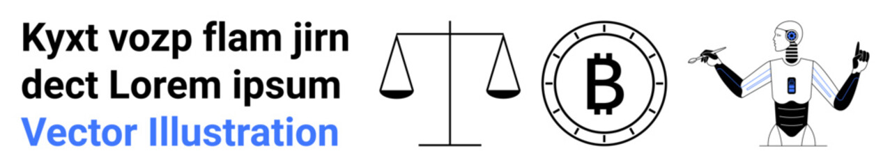 Scales of justice, Bitcoin symbol, and humanoid robot in modern composition. Ideal for technology, law, digital currency, AI, futurism, innovation, robotics. Landing page