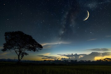 Night Sky with Crescent Moon and Stars