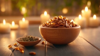 Obraz premium Healing Touch with Wooden Massage Roller and Serene Candles. Generative AI