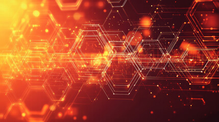 Obraz premium Red and orange background with a hexagonal pattern and glowing data connections, a technology concept banner design