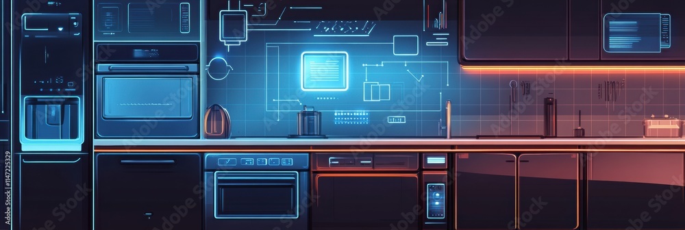 Poster a stylish kitchen showcases smart appliances with modern interfaces, blending technology with contem