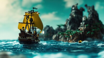 Pirate ship sailing towards rocky island.