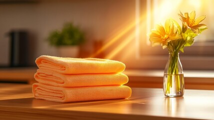 Fresh microfiber cleaning cloths on kitchen counter. Generative AI