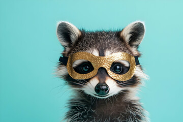 Obraz premium A playful raccoon sports a glittering golden mask, exuding charm and mischief in the room