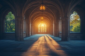 Fototapeta premium A serene corridor with arches, illuminated by sunlight, creating a tranquil atmosphere.