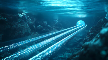 Underwater data highway a conceptual image showing fiber optic cables running along the ocean floor, with a faint blue glow illuminating the deep sea. Illumine. Illustration