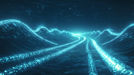 Underwater data highway a conceptual image showing fiber optic cables running along the ocean floor, with a faint blue glow illuminating the deep sea. Illumine. Illustration