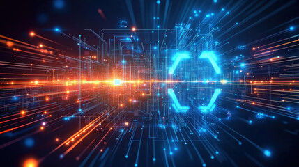 Abstract futuristic technology background with a digital circuit board and glowing elements, in blue, red, and orange colors