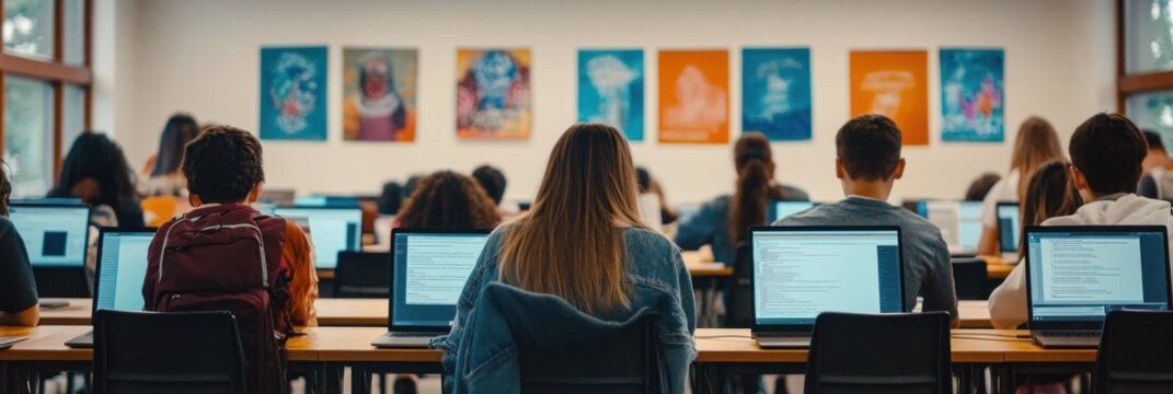 Students using laptops in a classroom.