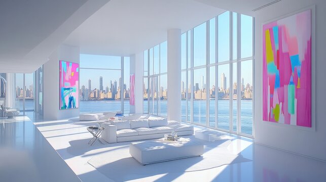 Modern white living room with city view, featuring abstract art and sleek furniture.