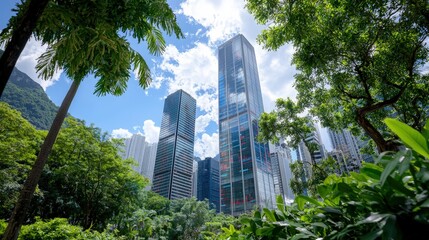 Fototapeta premium Modern skyscrapers rise above lush green trees in a city park under a blue sky with white clouds.