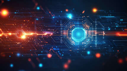 Obraz premium Abstract futuristic technology background with a digital circuit board and glowing elements, in blue, red, and orange colors