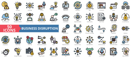 Naklejka premium Business disruption icon collection set. Containing innovation, technology, start up, entrepreneurship, digitalization, automation, agile icon. Simple flat outline vector illustration
