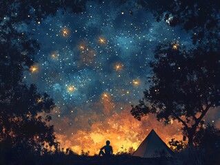 Fototapeta premium A serene night scene with a person gazing at a starry sky beside a tent.