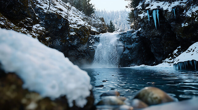 A frozen waterfall with a small stream of water flowing down it
