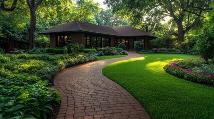 Lush Garden Path with Brick Walkway. Generative AI