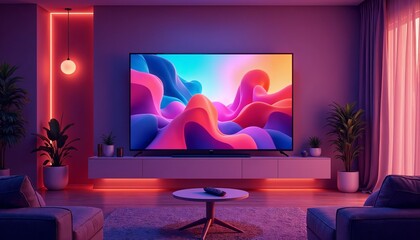 Modern living room with neon lighting and 3D TV, minimalist design