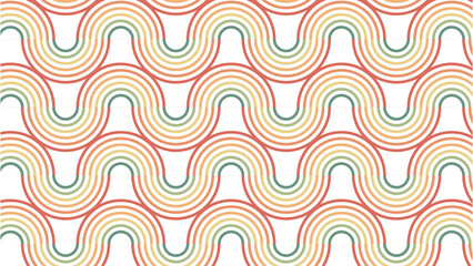 rainbow circle wavy lines  abstract geometric seamless pattern on white background, abstract retro stripes pattern 70s style