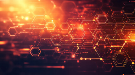 Obraz premium Red and orange background with a hexagonal pattern and glowing data connections, a technology concept banner design