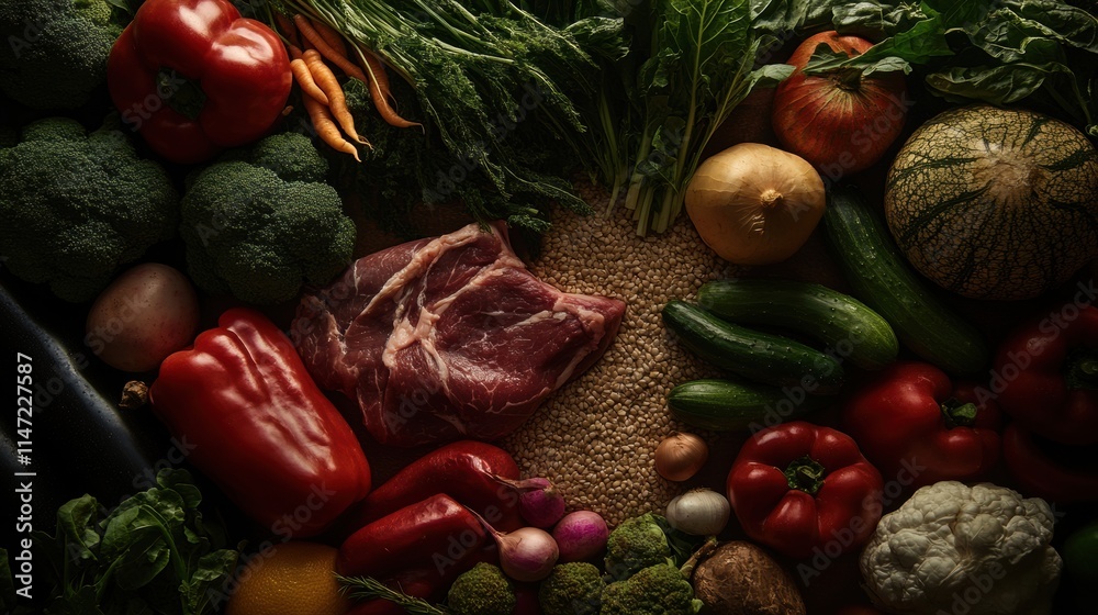 Fototapete fresh vegetables and meat arranged with grains create a vibrant and healthy food layout for various 