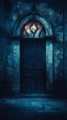 Obraz premium Mystical glowing blue door with intricate carvings