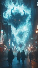 Fototapeta premium Futuristic crowd scene with glowing neon lights