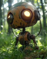 A small, rusty, spherical robot with glowing eyes sits in a grassy forest clearing, sunlight filtering through the trees.