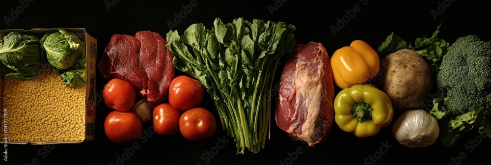 Poster fresh vegetables, meat, and grains arranged neatly with ample copy space for culinary inspiration in