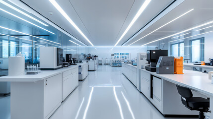 Obraz premium Modern sleek white ceiling with rows of bright energy-efficient led light strips illuminating a spacious empty high-tech laboratory interior. Illumine. Illustration