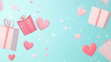 Valentine’s day background withpink gift boxes, hearts, on pestel blue background with copy space.