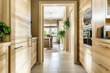 Obraz premium A modern kitchen hallway leading to a cozy living area with natural light.