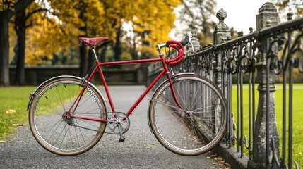 Fototapeta premium Red vintage bicycle leaning against ornate fence in autumnal park.