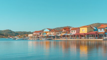 Colorful waterfront houses with restaurants and boats reflecting on calm water under a clear blue sky.