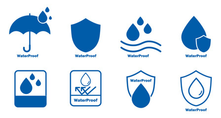 Waterproof icons isolated set. Waterproof fabrics and absorbent fabrics symbol. Water repellent surface icons. Water resistance signs. liquid proof protection. Shield with water drop. Anti, proof 