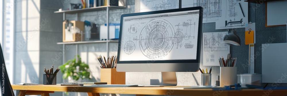 Aufkleber Modern engineering workspace with detailed plans and creative tools for design and innovation during daylight hours. Generative AI