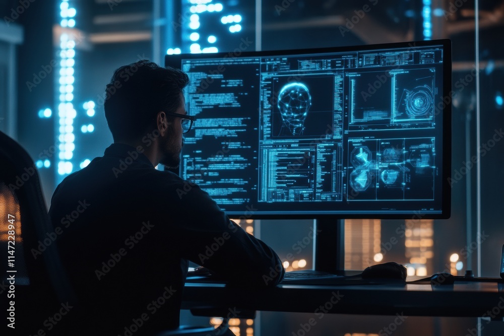 Poster Collaboration between human and AI in a high tech workspace during an evening coding session. Generative AI