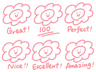Fototapeta premium 手描きの可愛い顔つきはなまるマークセット 100 GREAT PERFECT